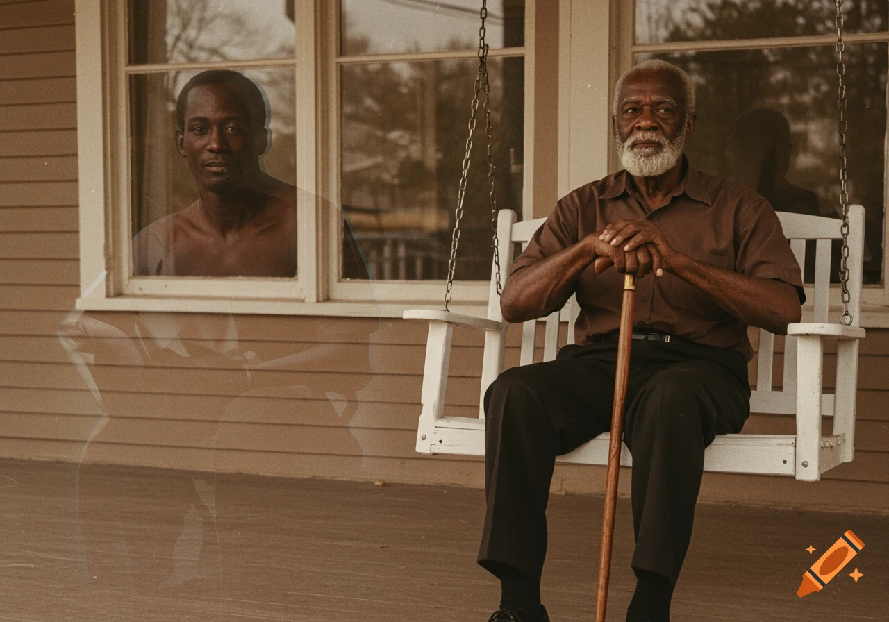 An elderly African American man with a white beard sits on a white porch swing, holding a cane. Behind him, a faded, transparent image of his younger self is visible in a window, in a vintage, double-exposure photographic style.