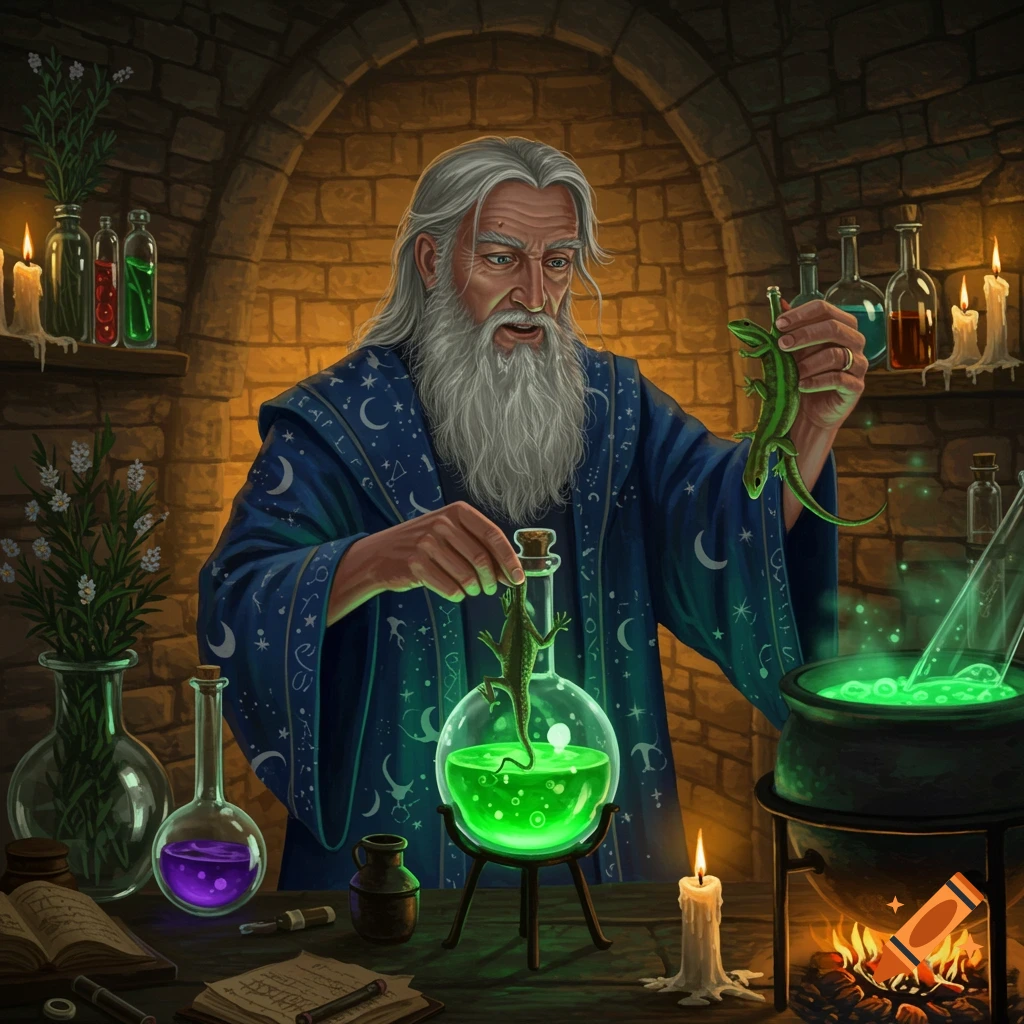 An old wizard in a blue robe holds a green lizard over a bubbling green potion in an alchemist's lab.