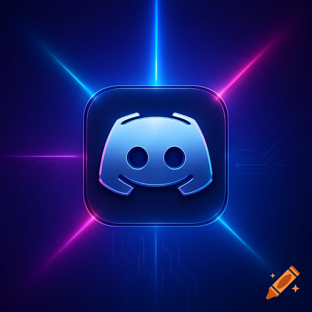 A glowing blue Discord logo on a dark background with blue and pink neon light beams and faint circuit board lines.