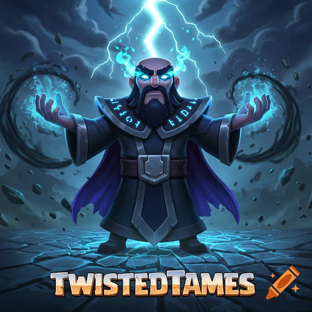 A dark wizard with glowing blue eyes and hands, casting spells with lightning behind him, in a cartoon style. Text at the bottom reads 'TWISTEDTAMES'.