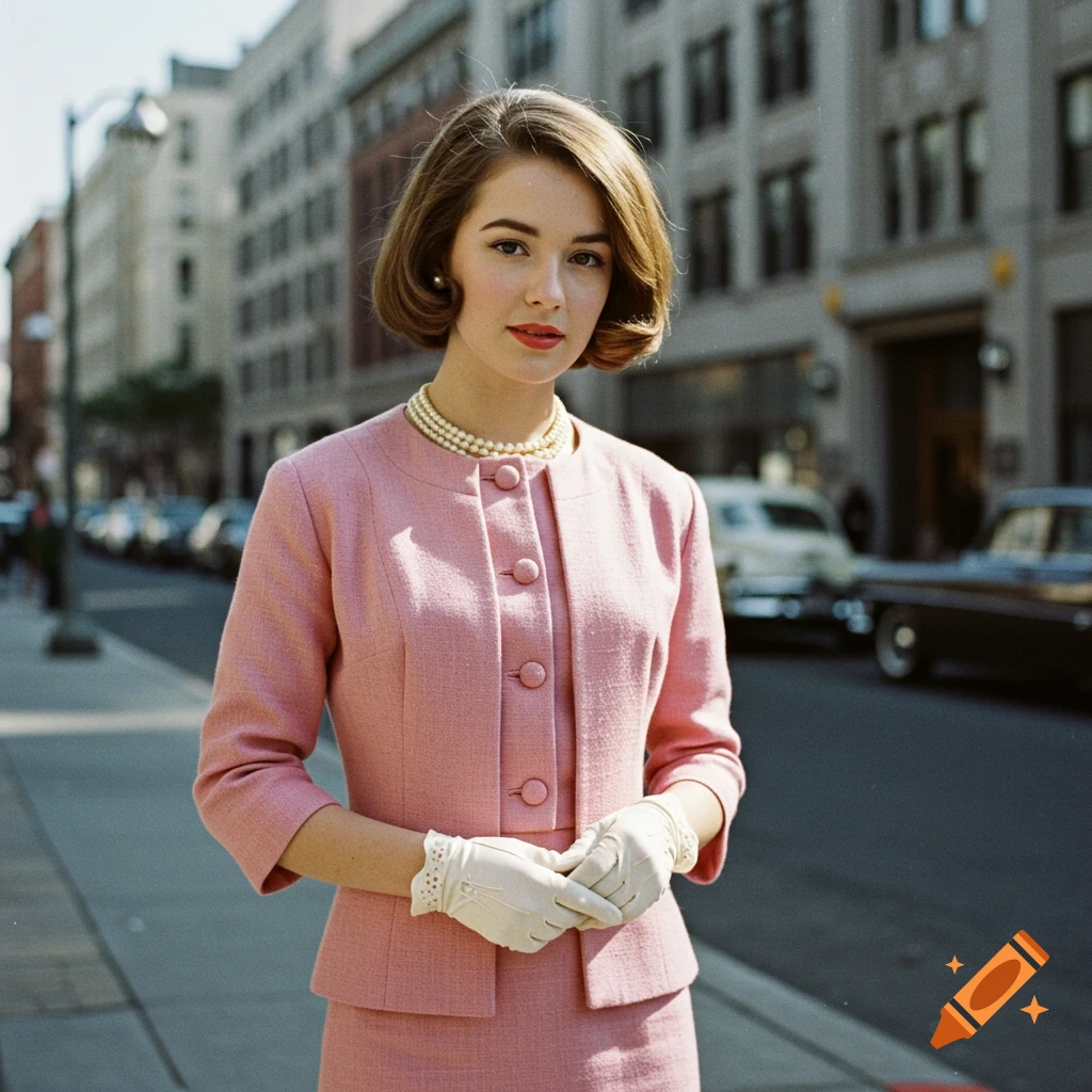 A young woman in a pink 1950s-style suit and white gloves stands on a city sidewalk.