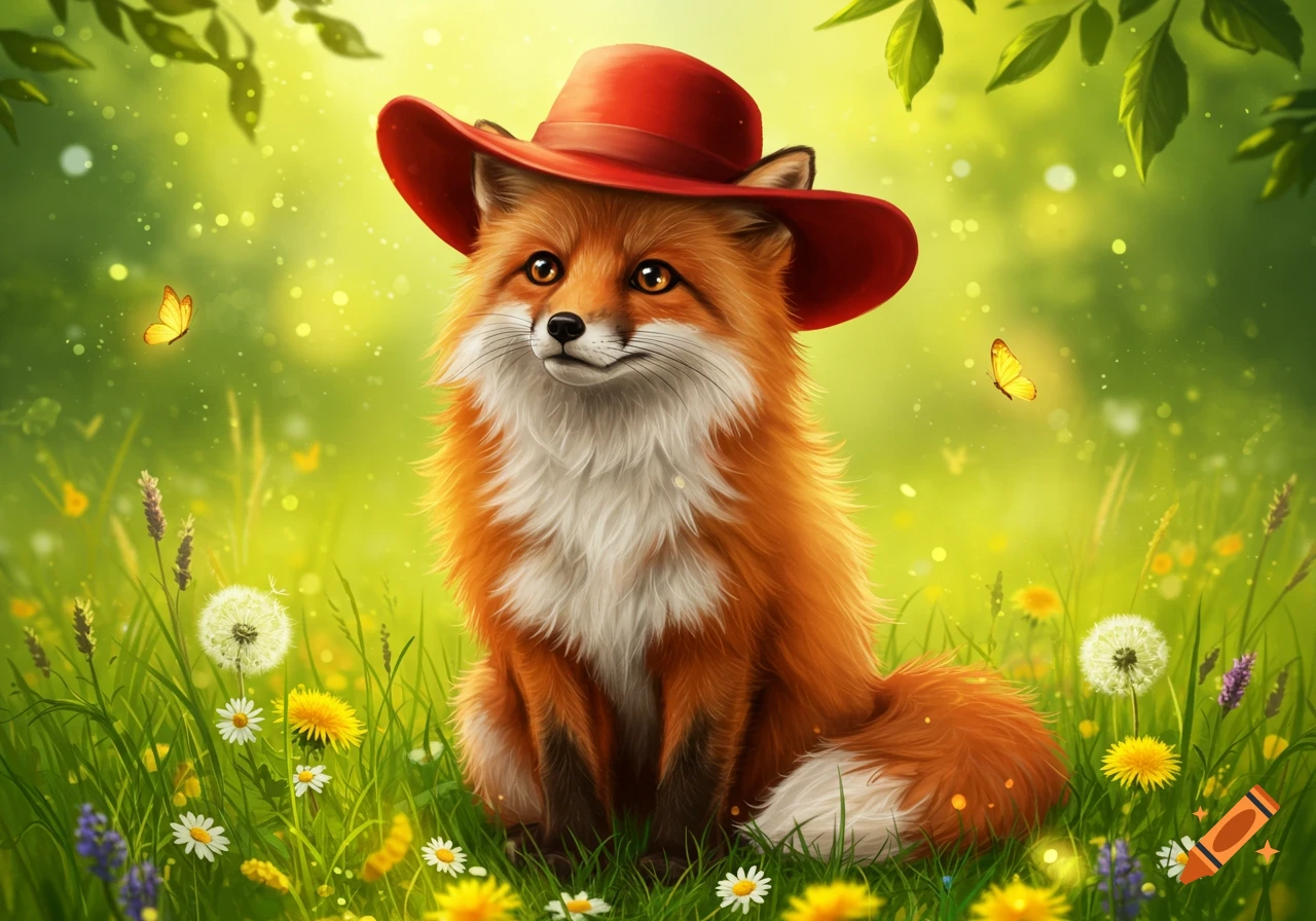 A cute orange fox wearing a red hat sits in a vibrant green field filled with colorful wildflowers and butterflies, in a whimsical digital art style.