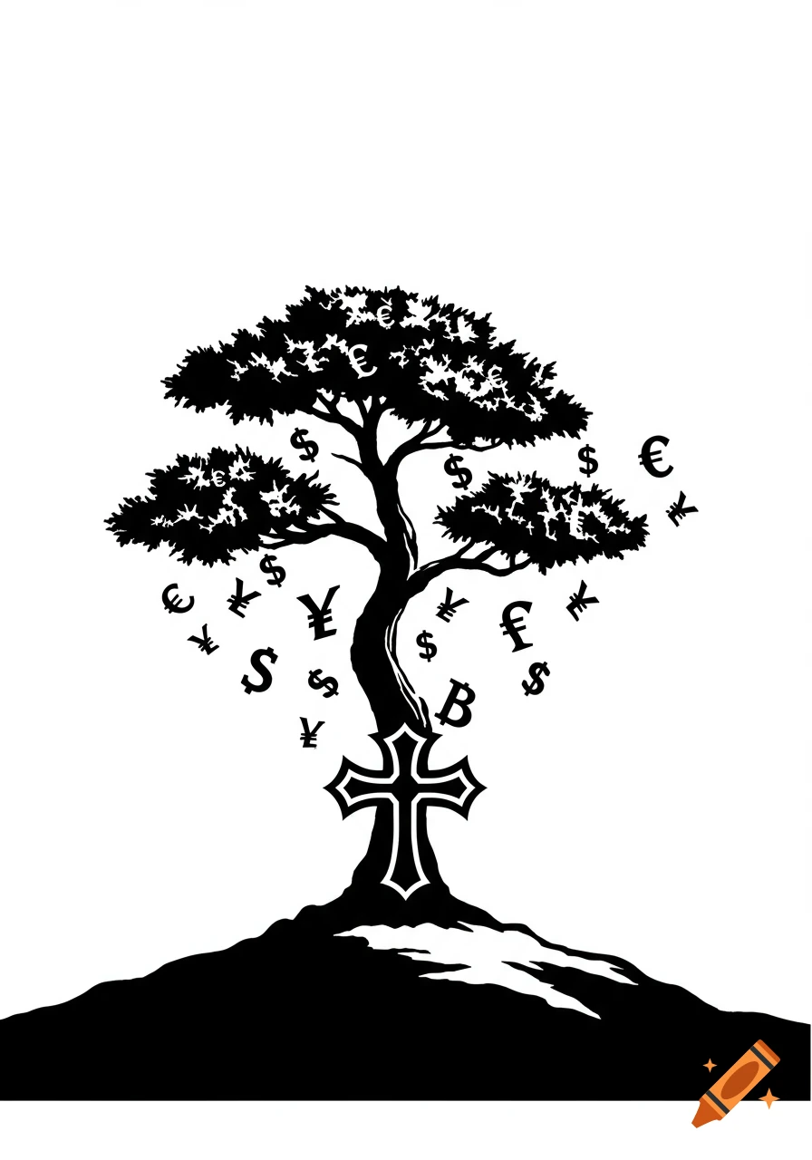 Black stencil illustration of a money tree with currency symbols falling from branches and a cross as its trunk, on a hill.