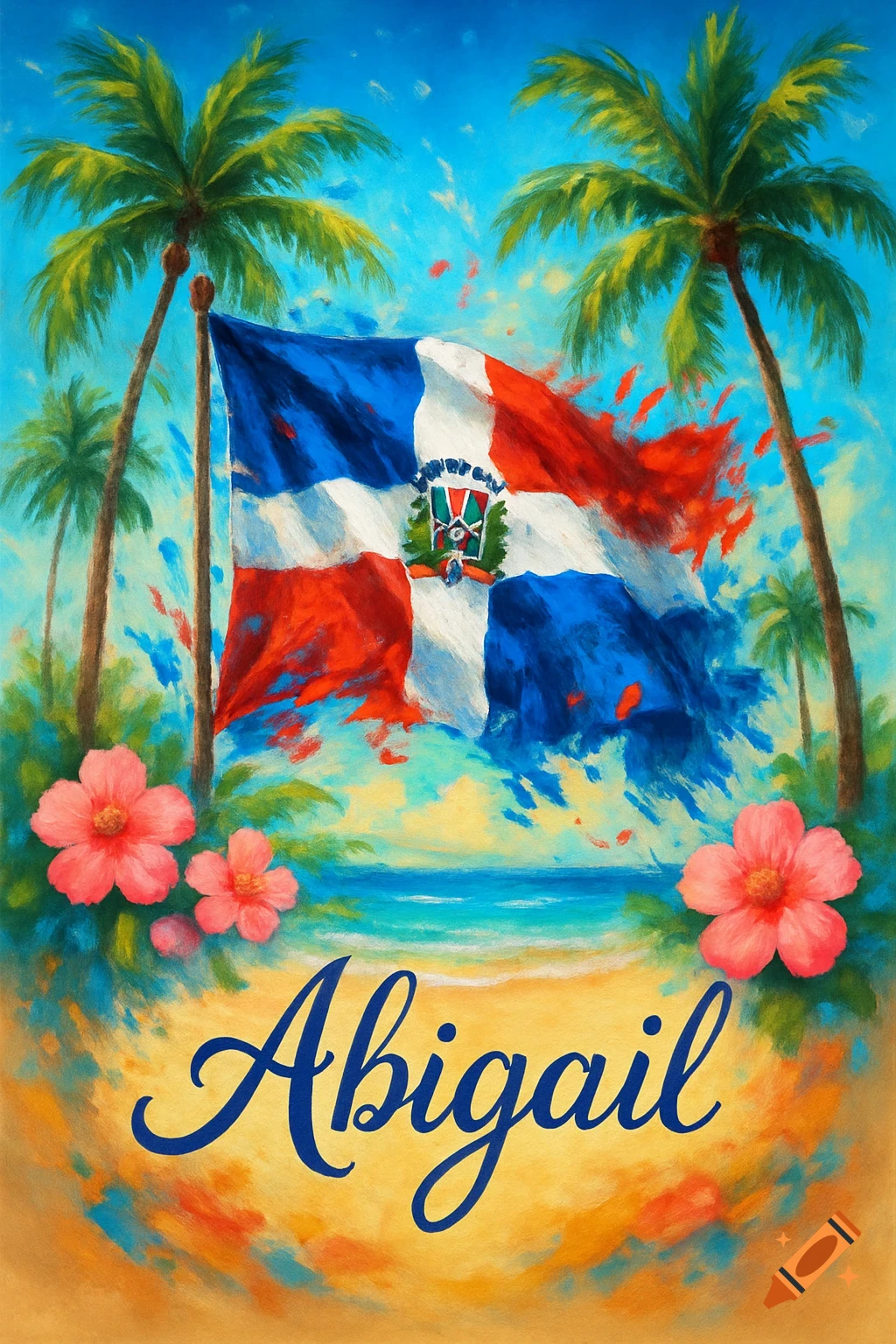 A vibrant painting of the Dominican flag amidst palm trees and pink flowers on a sunny beach, with the name 'Abigail' in script below.