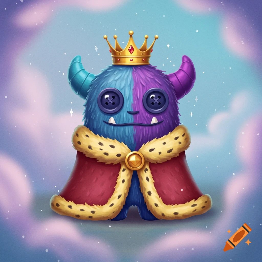 A cute, fluffy blue and purple monster with button eyes, wearing a red king's robe and a gold crown.