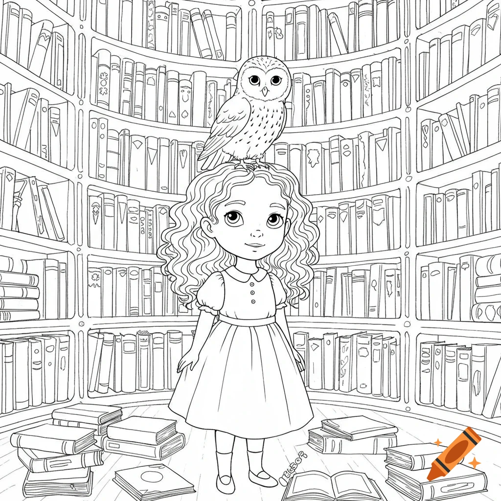 A girl with curly hair and an owl on her head stands in a fantasy library full of books, in a coloring book style line drawing.