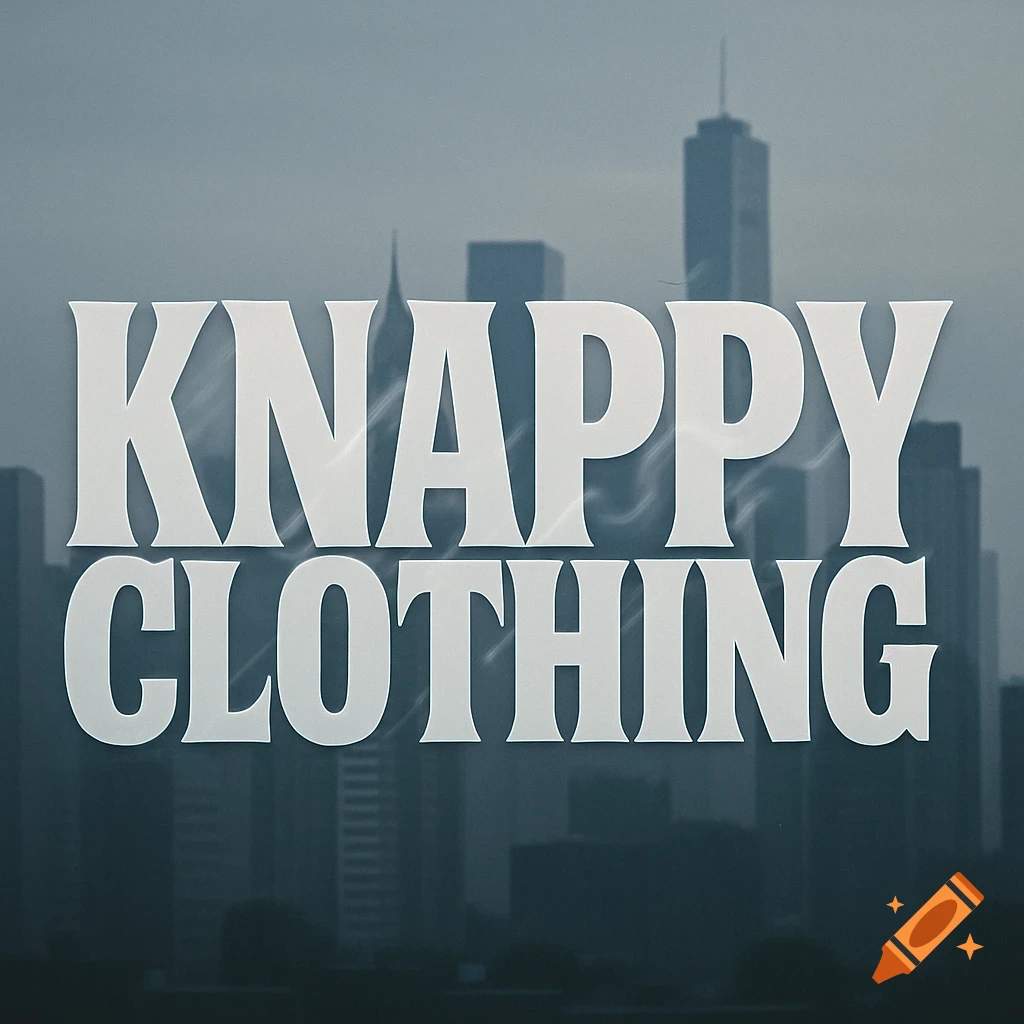 White bold text 'KNAPPY CLOTHING' on a blurred cityscape background.