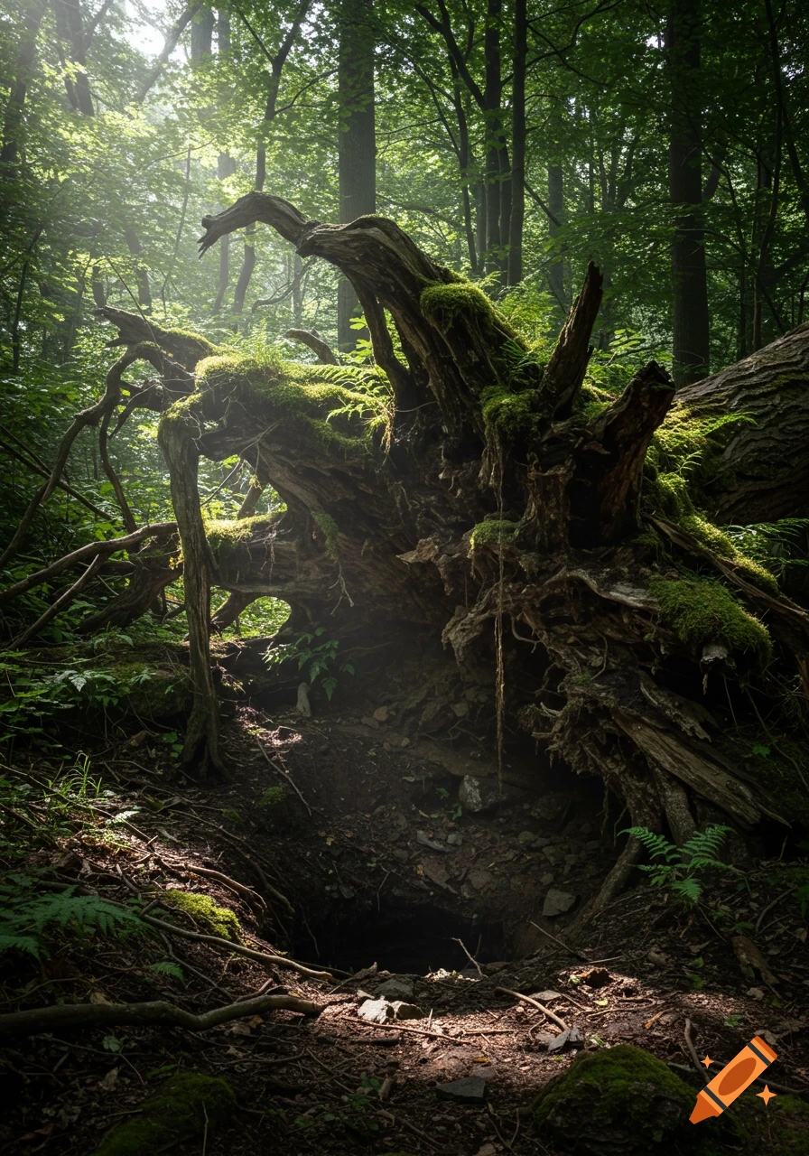 A photorealistic image of a large, moss-covered fallen tree with exposed roots in a sun-dappled forest.