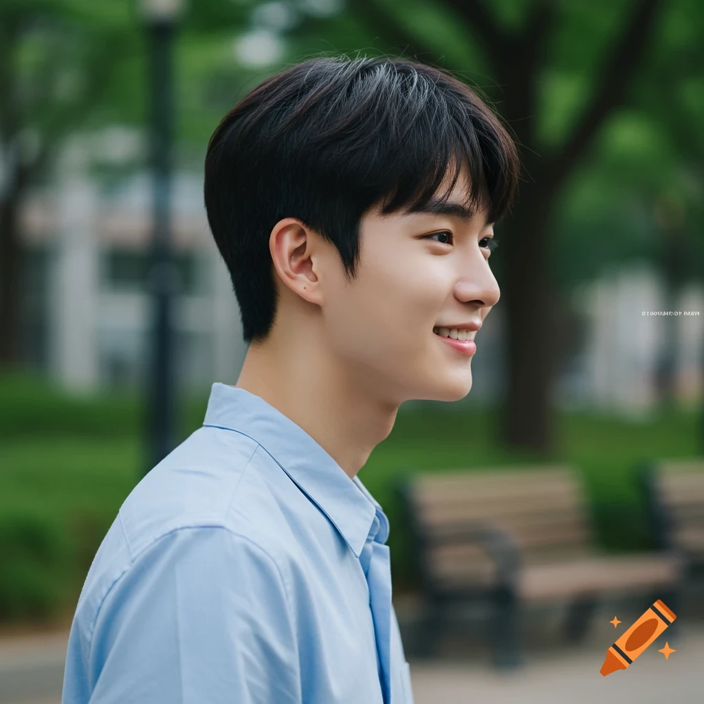 A young Korean man with dark hair smiles, looking to the right while standing outdoors in a park.