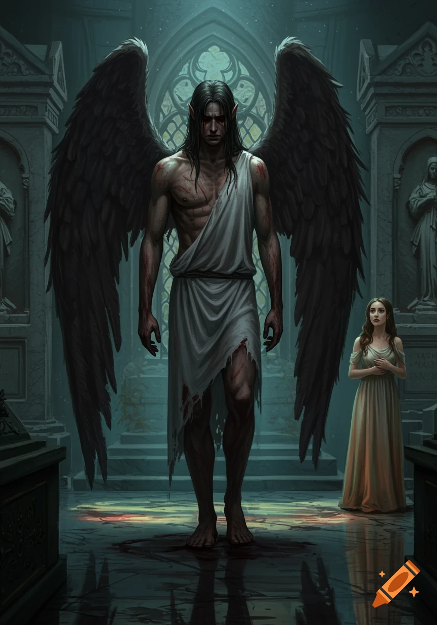 A somber fallen angel with large black wings and bloodied body stands in a gothic mausoleum, watched by a young woman.