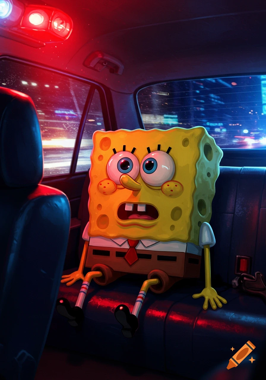 Spongebob SquarePants looking worried in the back of a police car at night with flashing red and blue lights.