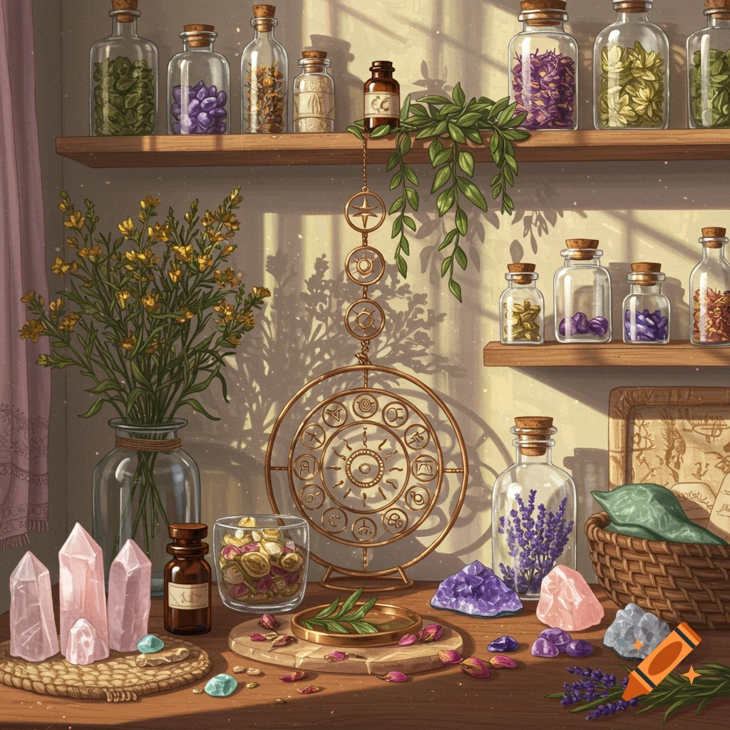 A table and shelf filled with apothecary bottles containing herbs, flowers, and crystals, with a hanging golden pendulum and sunlight filtering in.