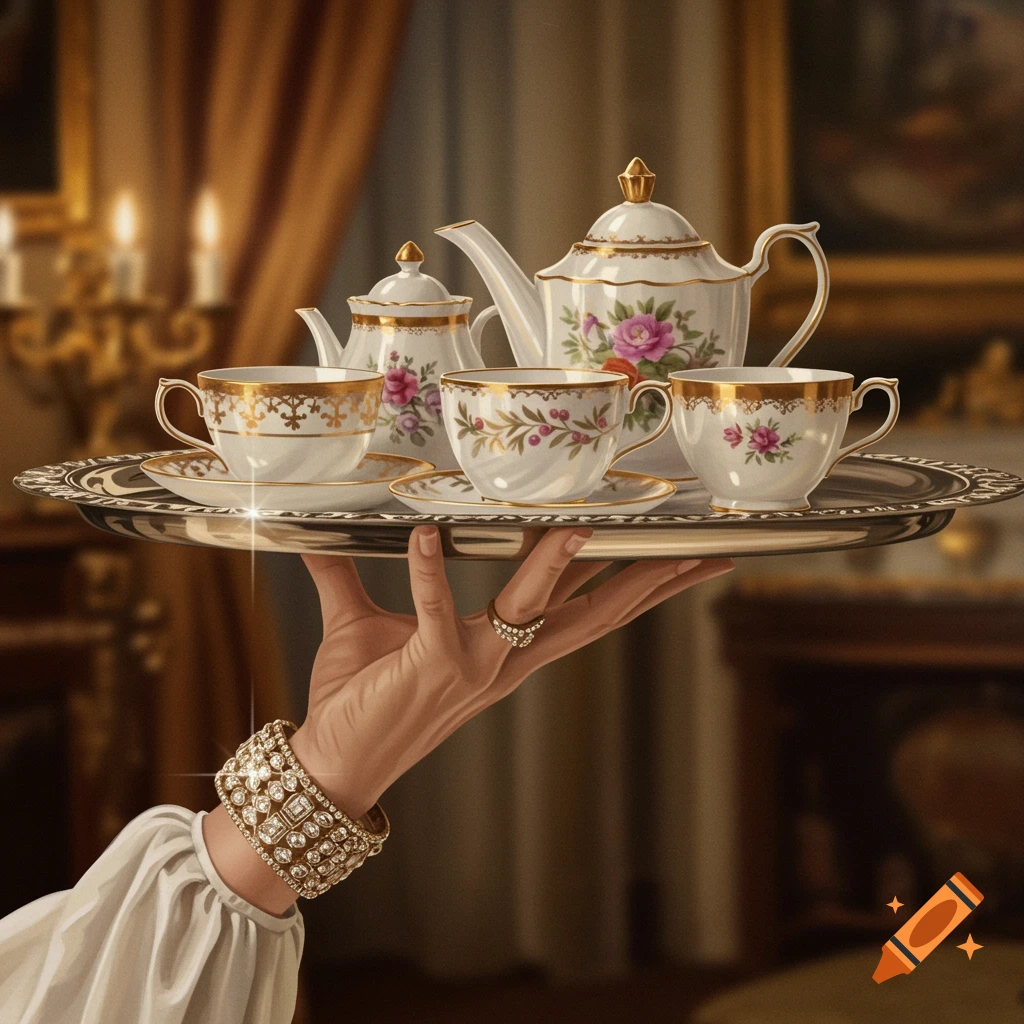 Hand holding a silver tray with an ornate white and gold tea set, featuring floral designs, in a luxurious room.