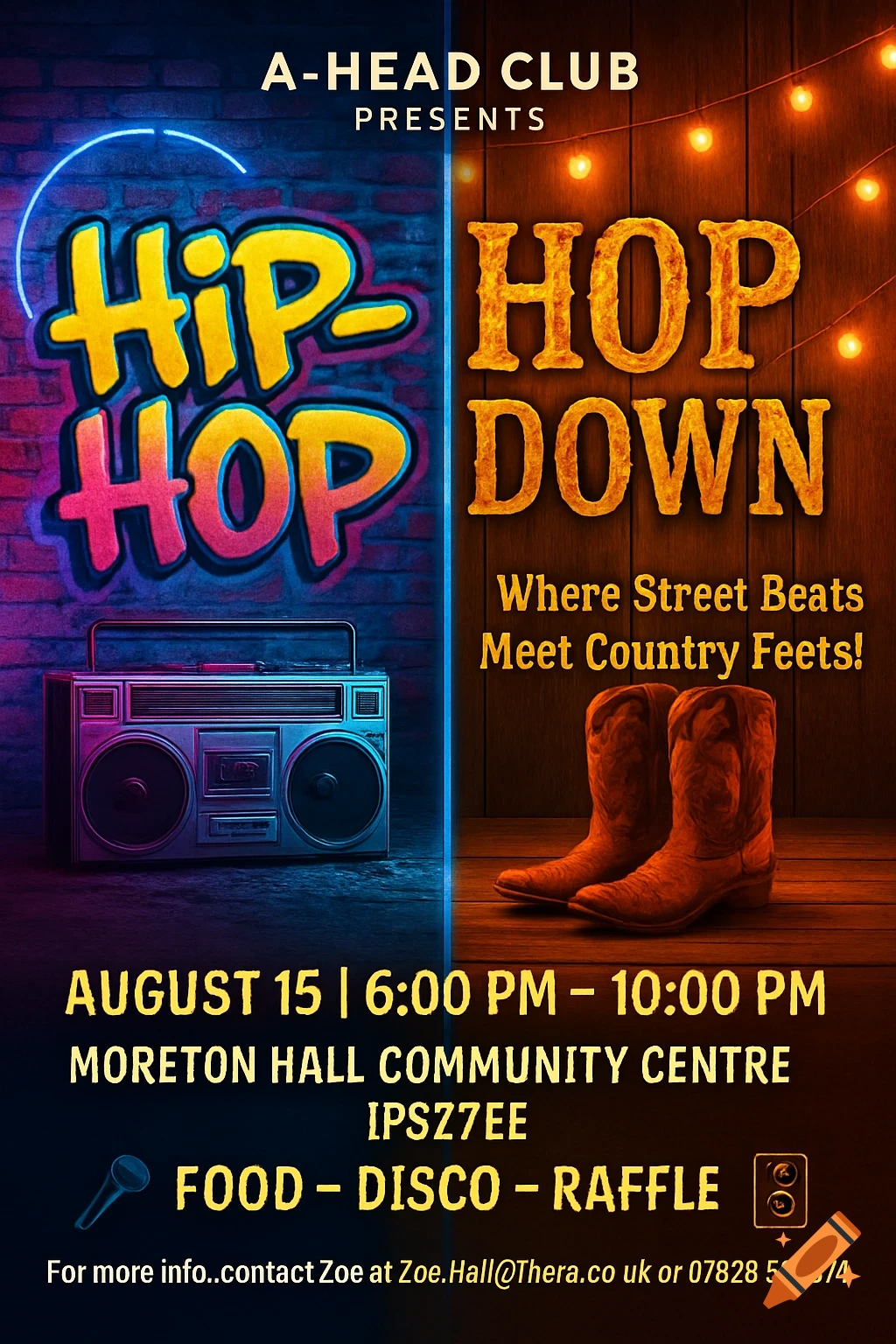 A vibrant split poster for a 'Hip-Hop Hop Down' event. The left side features a boombox against a neon-lit brick wall. The right side shows cowboy boots on a wooden floor with string lights. Event details, food, disco, and raffle information are at the bottom.