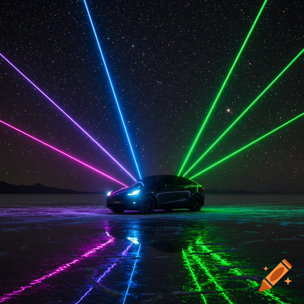 A black Tesla Model Y emits vibrant purple, blue, and green laser beams into a star-filled night sky, reflecting on a flat, reflective surface.