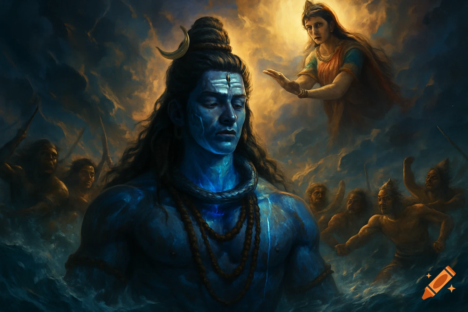 Digital painting of blue-skinned Lord Shiva with a crescent moon, meditating in stormy waters, with a goddess and other figures.
