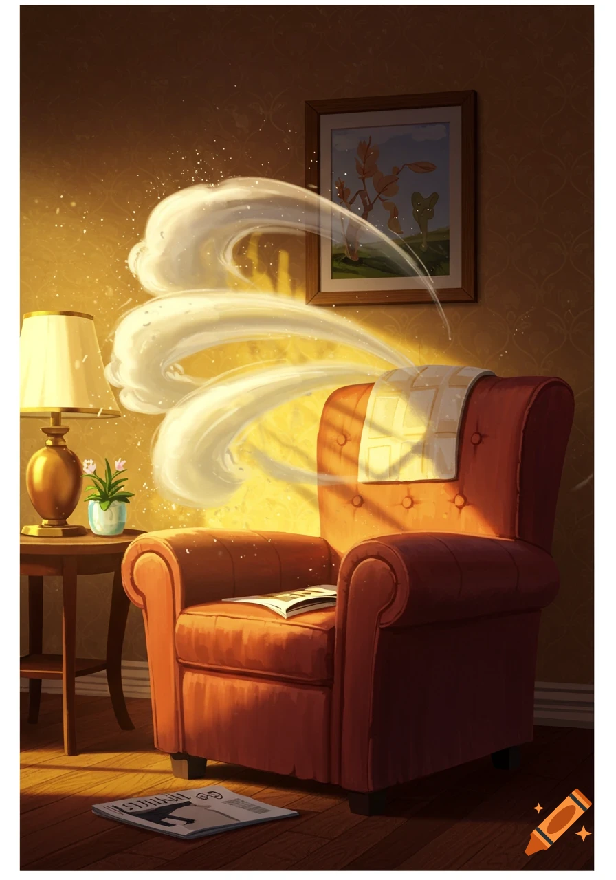 A stylized illustration of a cozy living room with an orange armchair emitting a cartoonish white gas cloud. A lamp and a small plant sit on a side table.