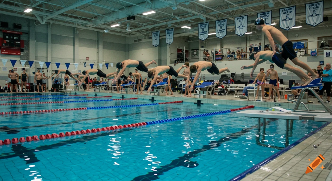 A boys swim team dives simultaneously from starting blocks into an indoor swimming pool during a competition.