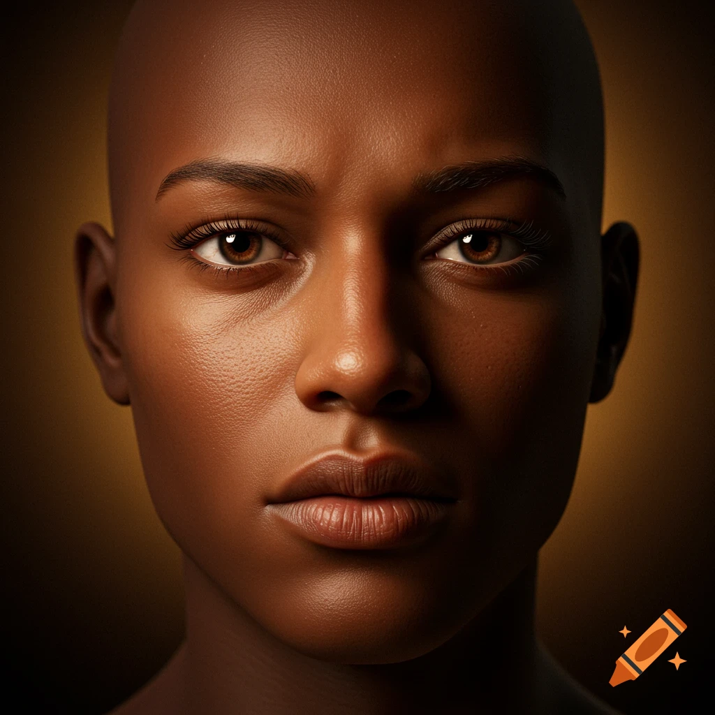 Close-up photorealistic portrait of a bald person with dark skin looking straight ahead.