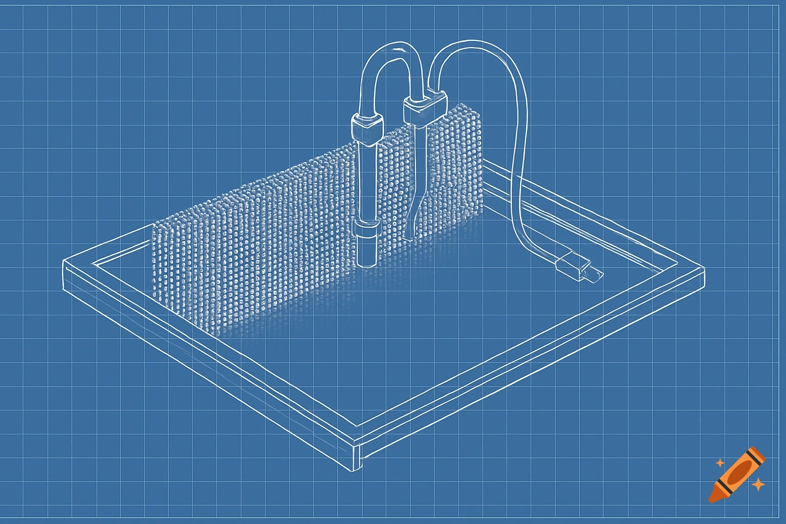 A blueprint style drawing of an aquarium lid with a pin art panel and filter tubes on a blue grid.