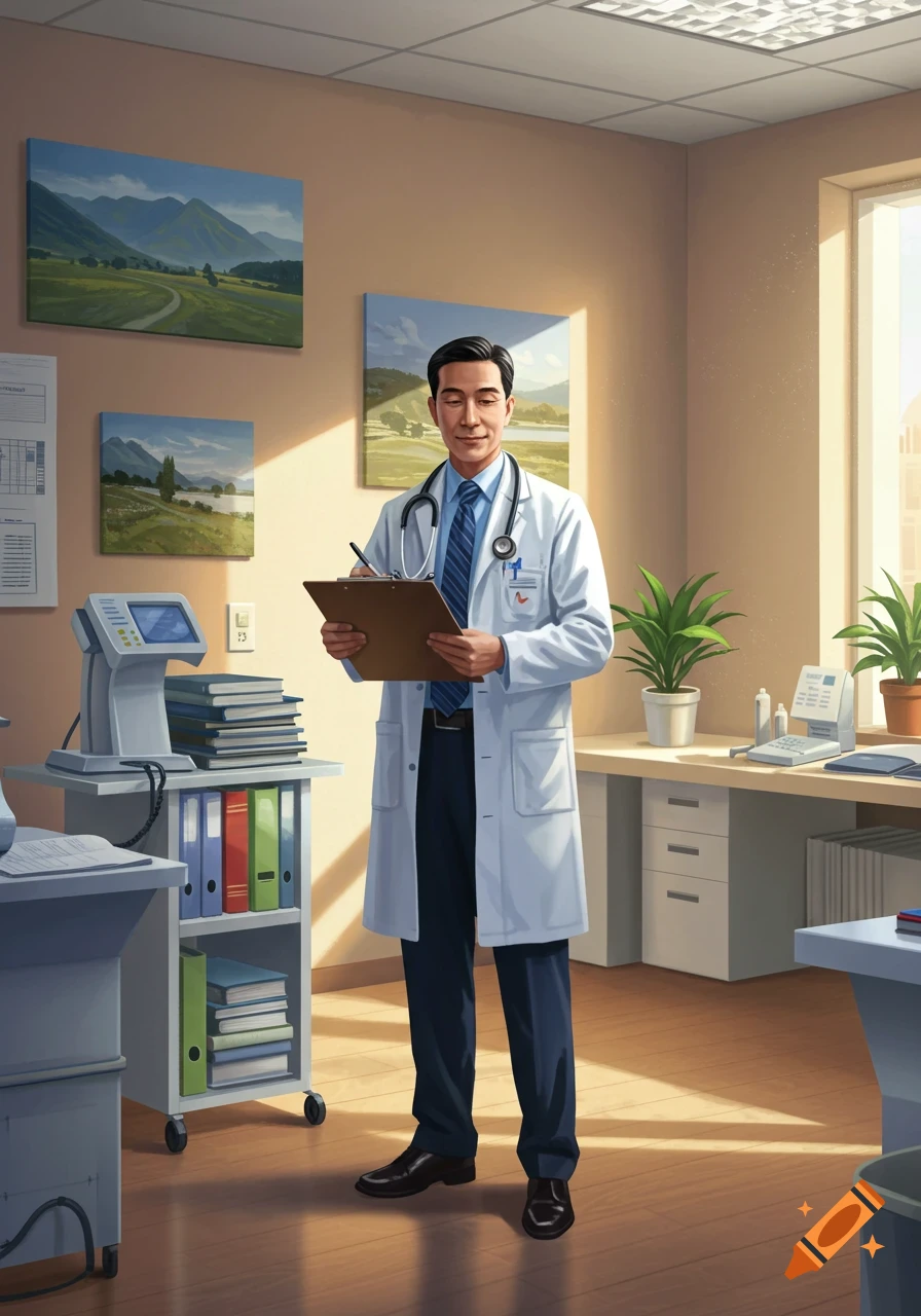A male doctor in a white lab coat stands in a sunny medical office, holding a clipboard.