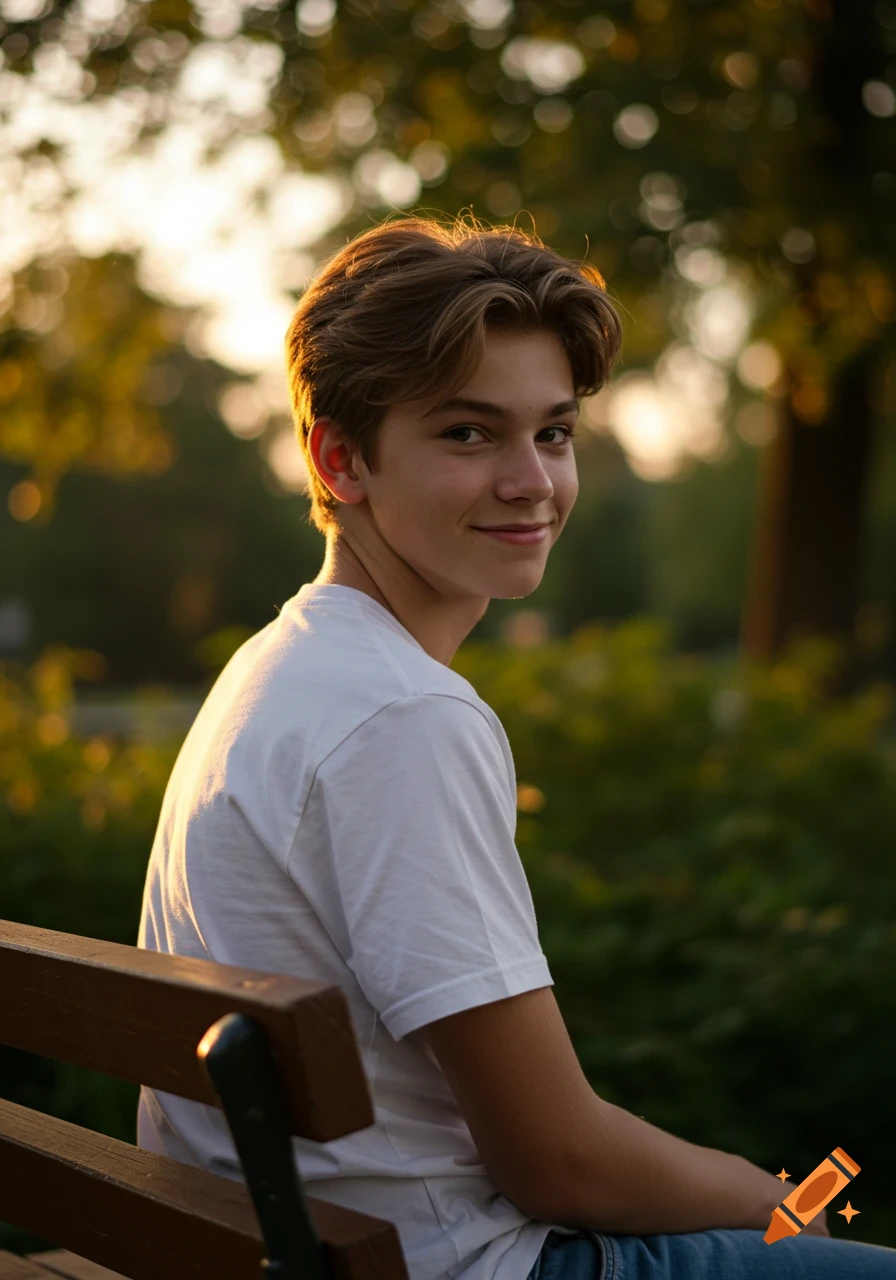 Photorealistic portrait of a smiling teenage boy with brown hair, sitting on a bench outdoors at sunset.