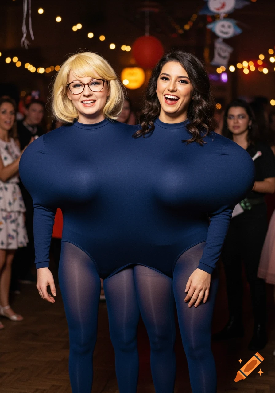 Two women in a navy blue conjoined bodysuit costume, smiling at a Halloween party.