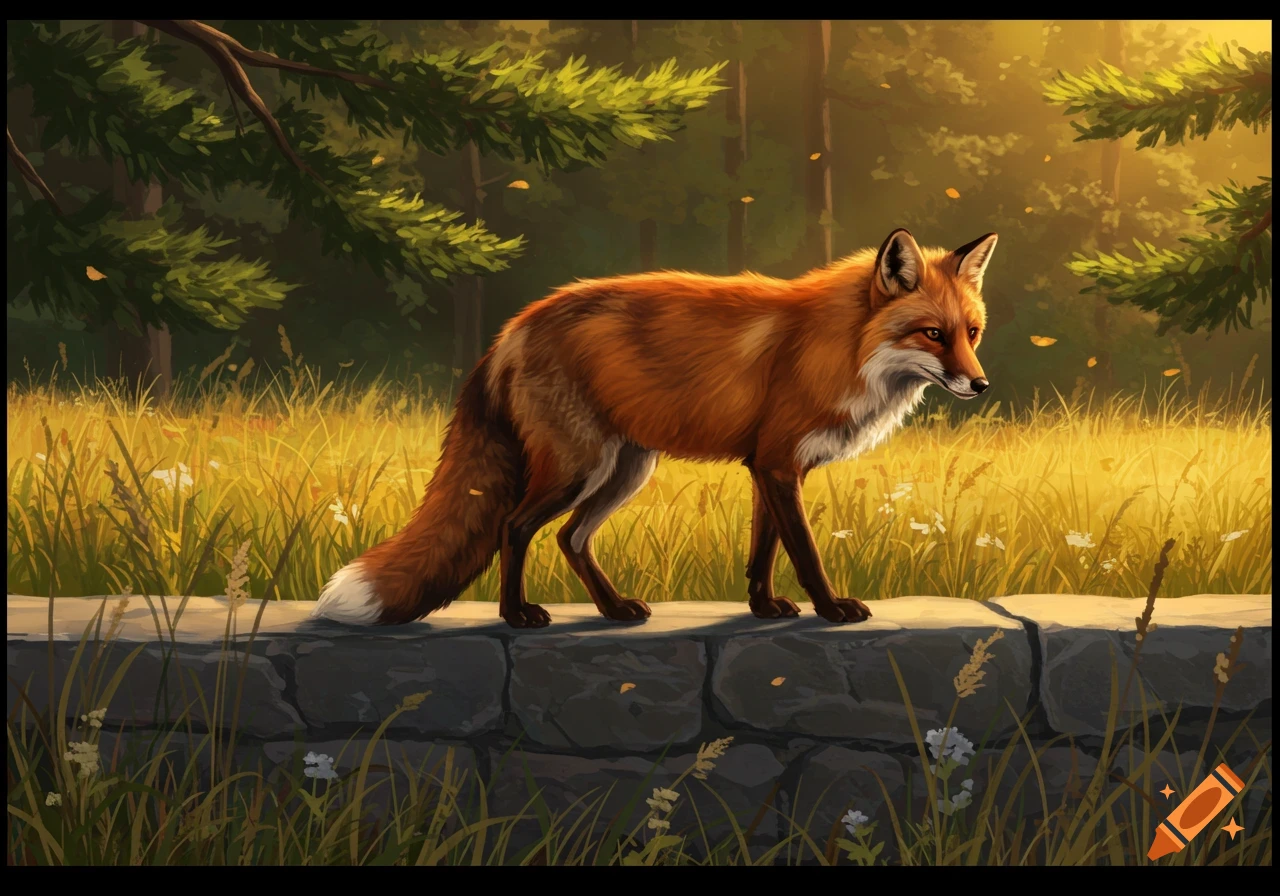 An illustrative red fox standing on a stone wall in a sunlit forest clearing with golden grass.