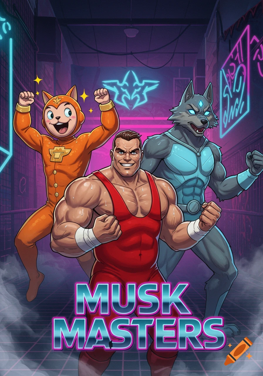 A muscular man in a red wrestling outfit, a cat-like character in an orange suit, and a wolf-like warrior in blue armor pose in a neon-lit alley with 'MUSK MASTERS' text, in a comic book style.