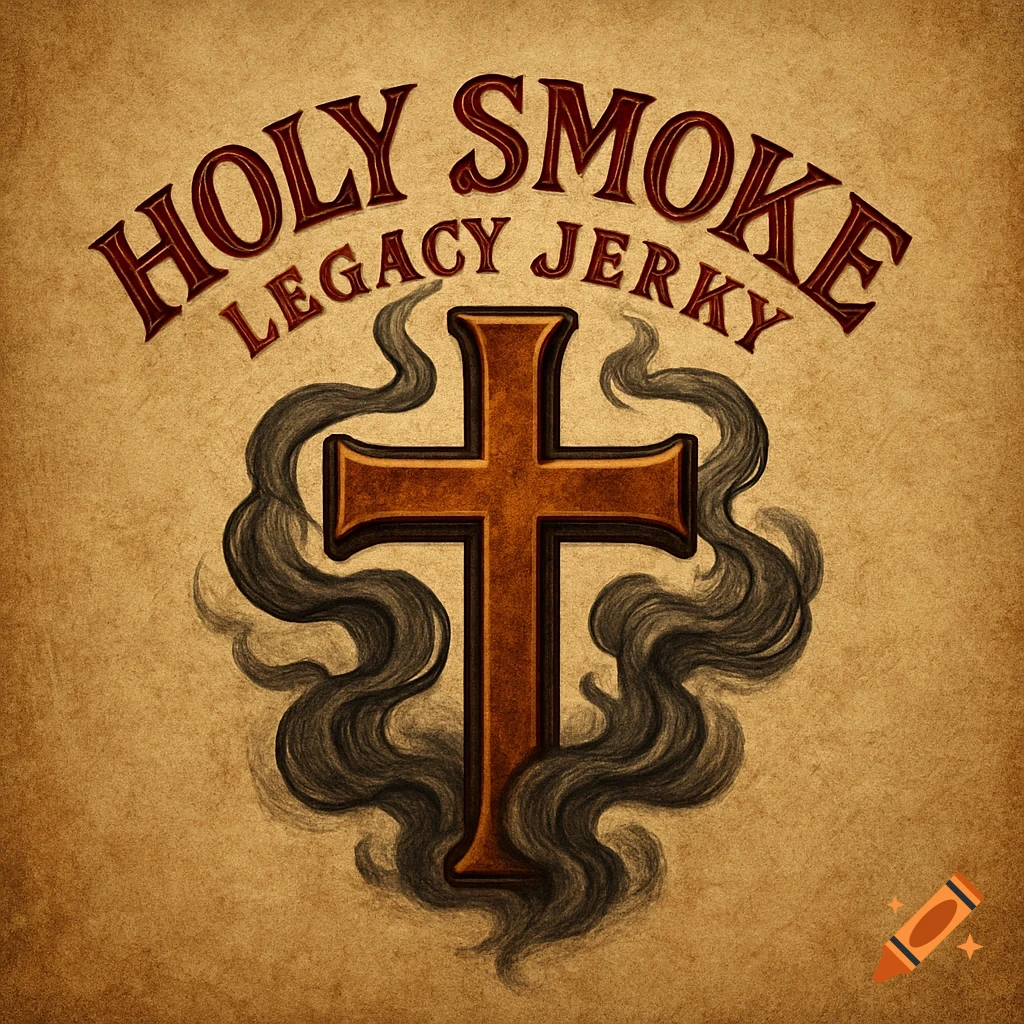 A vintage-style logo featuring a brown cross wreathed in dark smoke, with "HOLY SMOKE LEGACY JERKY" text above it on a parchment-like background.