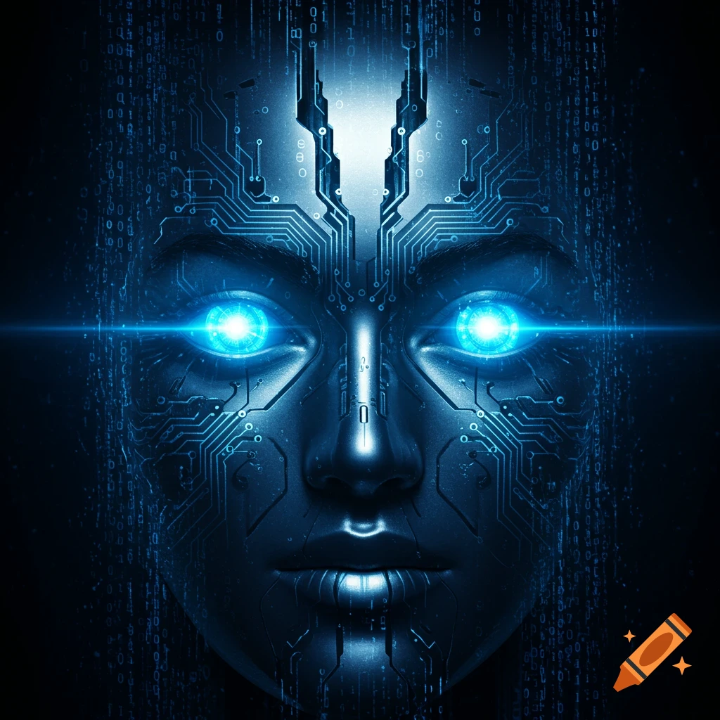 Close-up of a dark, metallic cybernetic face with bright blue glowing eyes and intricate circuit patterns, set against a background of falling blue binary code.