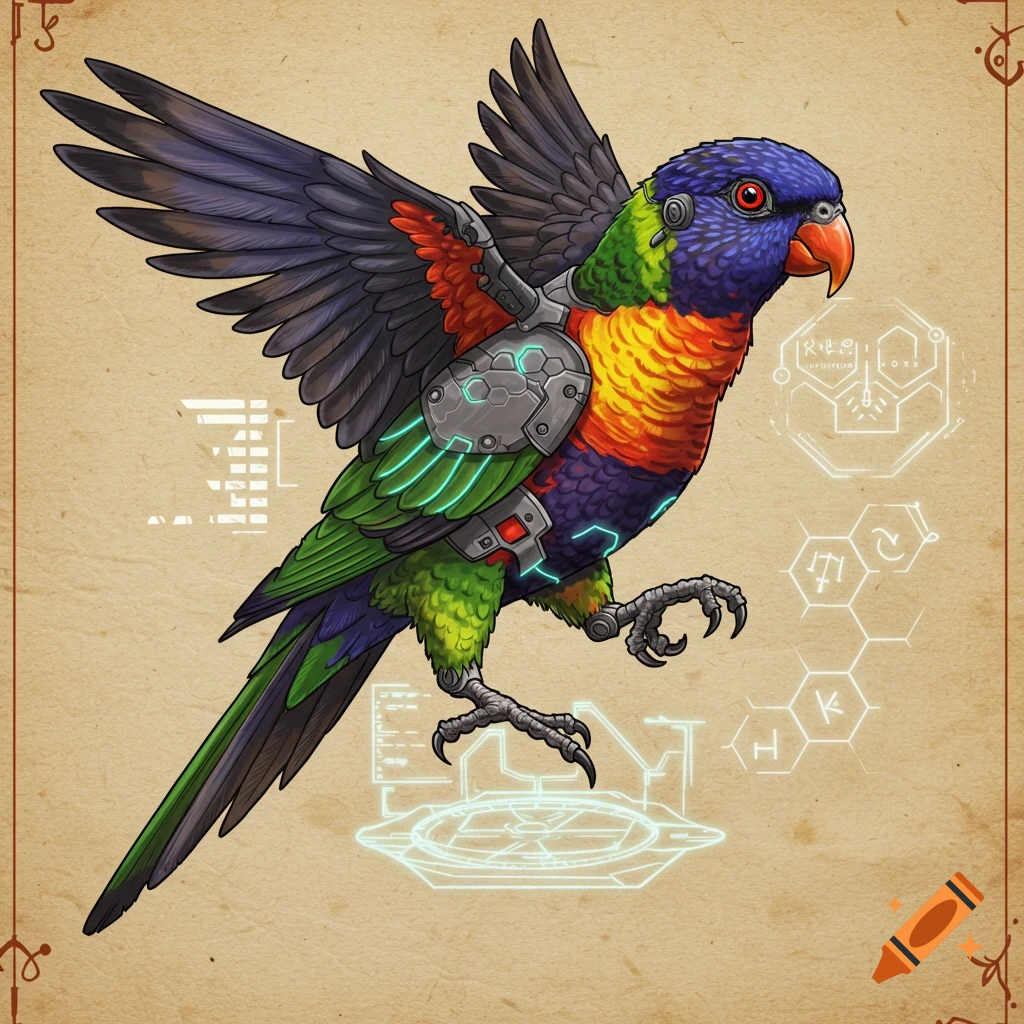 A colorful cyberpunk Rainbow Lorikeet with metallic armor and glowing circuits, perched on a holographic platform with intricate data, on an aged parchment background in a medieval manuscript style.