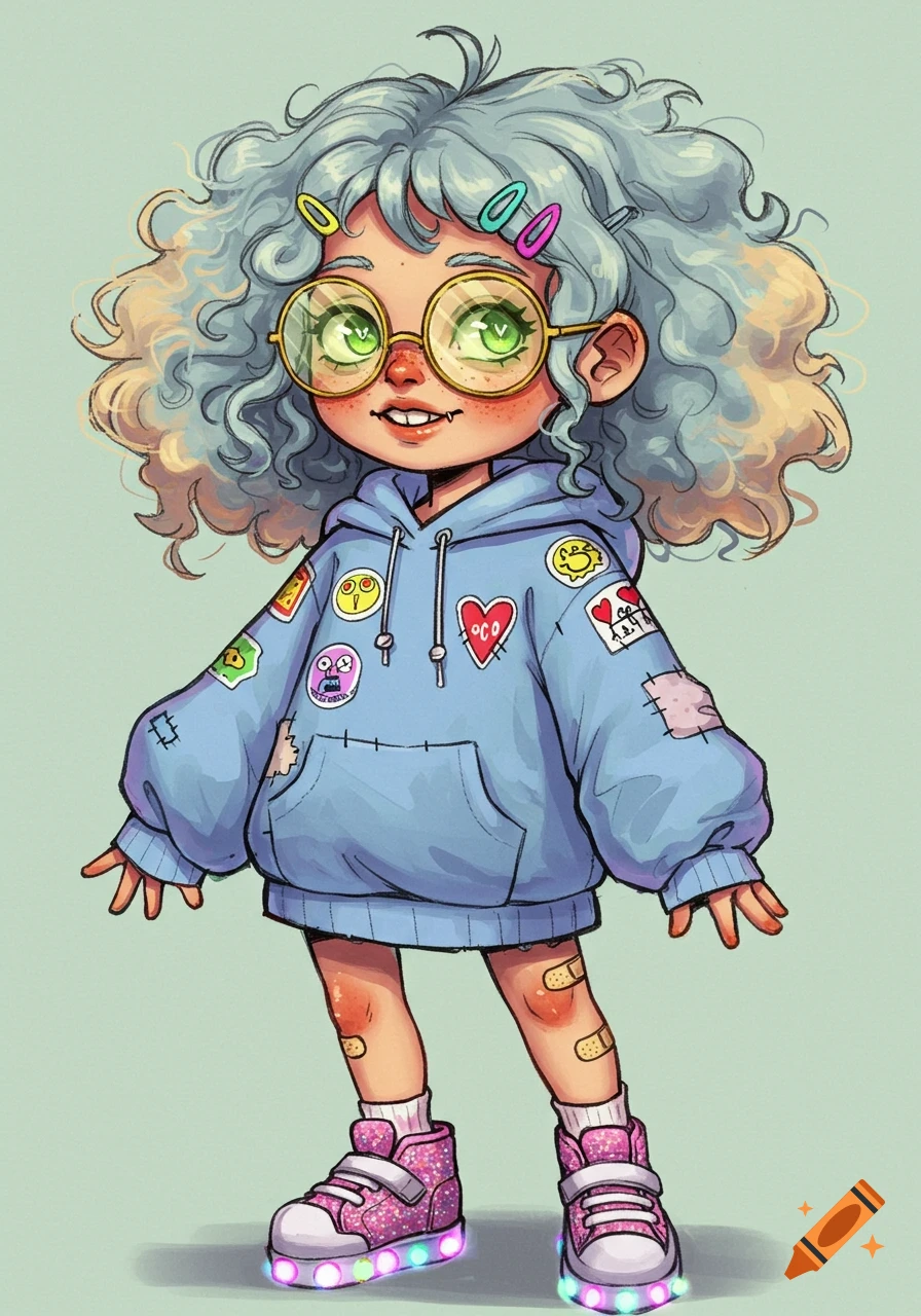An illustration of a whimsical child with curly blue-grey hair, large glasses, a patched blue hoodie, and glittery light-up sneakers.