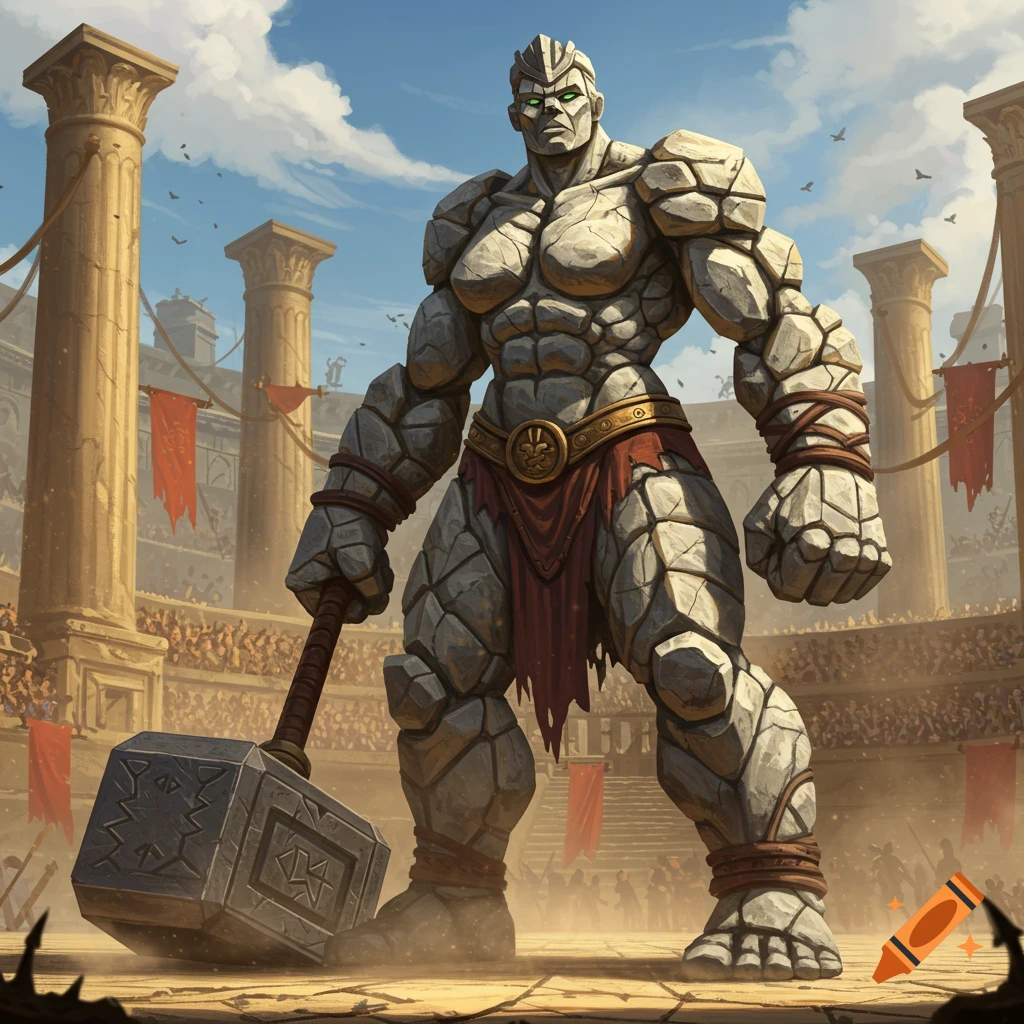 A massive stone giant with green eyes holds a large hammer in a coliseum full of spectators.