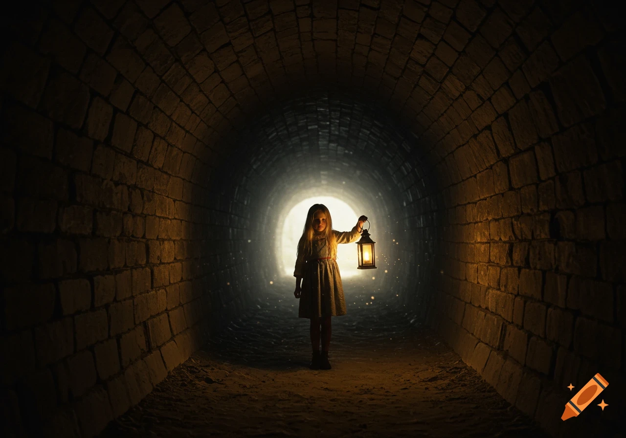 A blonde girl stands in a dark brick tunnel, holding a lit lantern, facing a bright light at the tunnel's end in a photorealistic style.