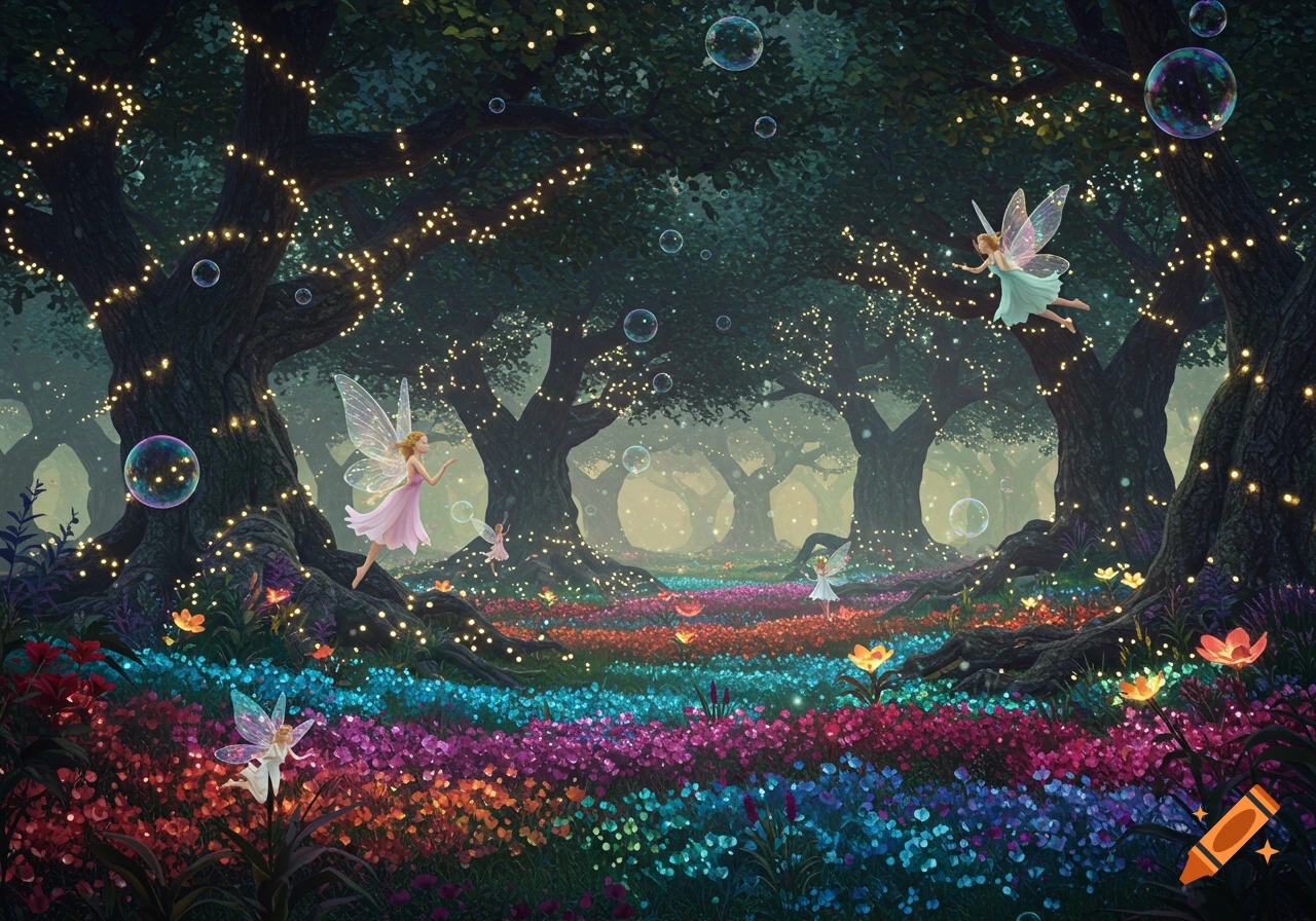 A magical forest scene with glowing trees and a vibrant field of colorful flowers. Fairies with transparent wings float among glowing bubbles and lights.
