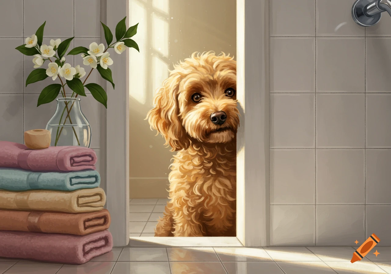 A fluffy golden doodle peeks from behind a white bathroom door, next to a stack of colorful towels and jasmine flowers.