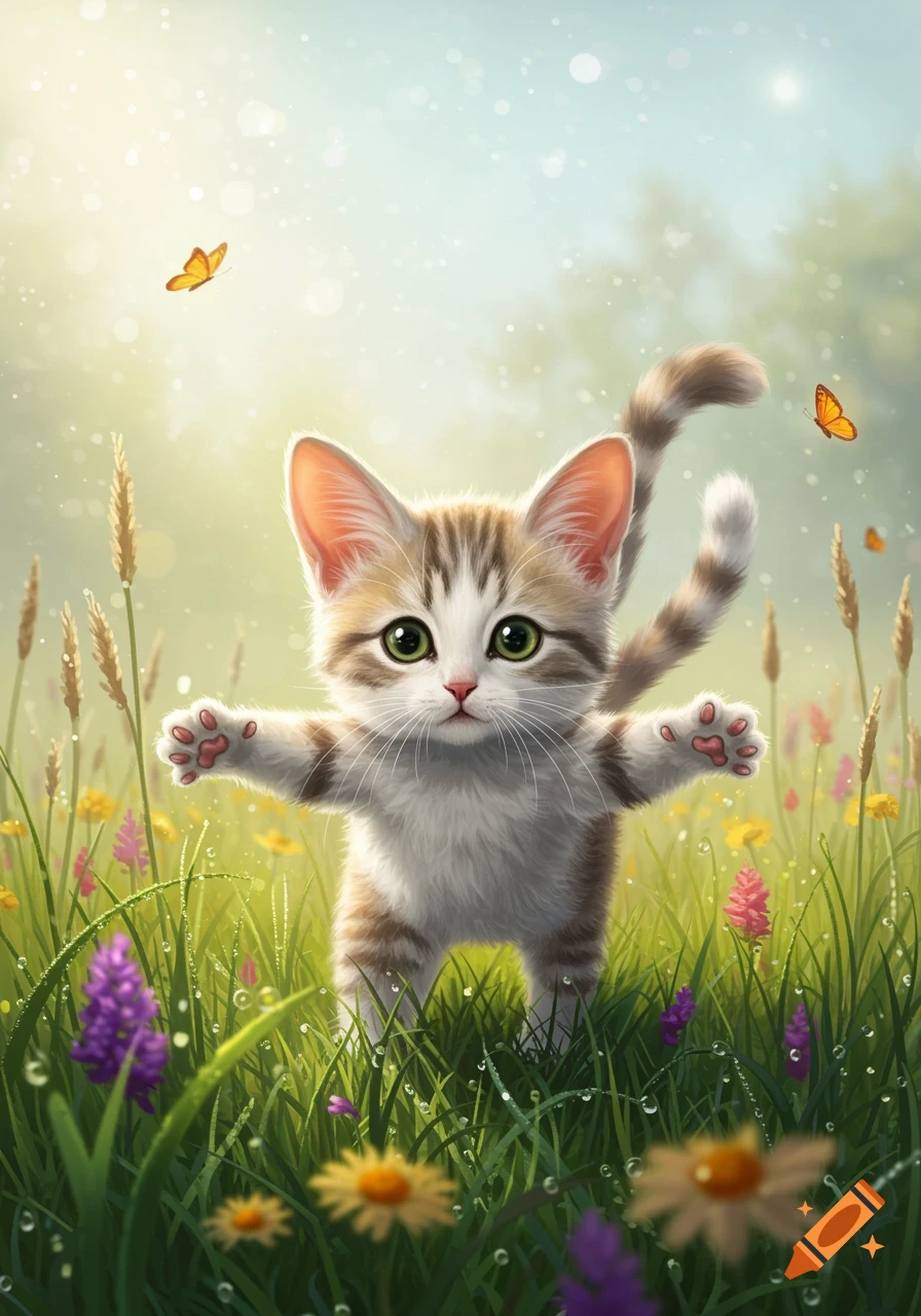 A cute tabby kitten with wide green eyes stands in a vibrant green field among colorful wildflowers and butterflies.