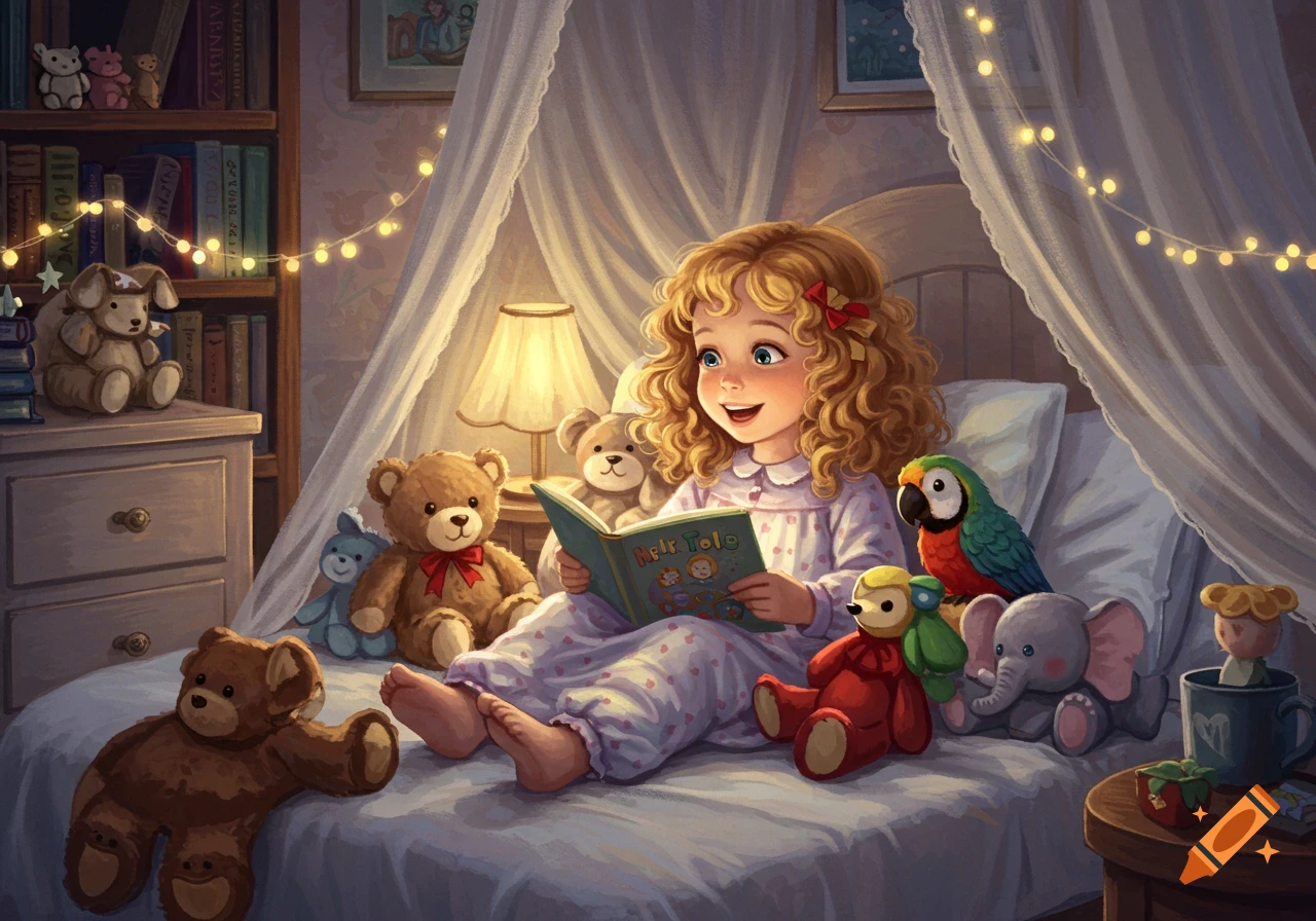 A happy young girl with curly hair sits in bed surrounded by stuffed animals, reading a book under fairy lights in a cozy, illustrated style.