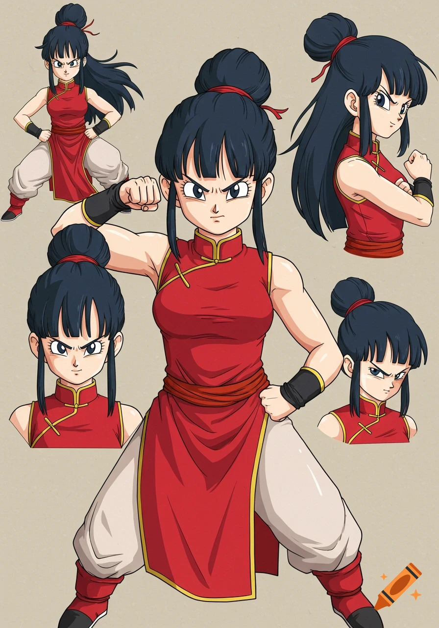 Anime character Chi-Chi from Dragon Ball Z in a red martial arts outfit, shown in various action poses on a model sheet.
