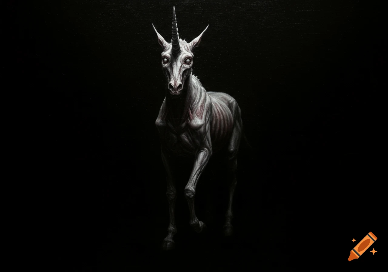 A dark oil painting of a gaunt, frightening white unicorn with blind eyes and a long curved horn walking towards the camera against a black background.