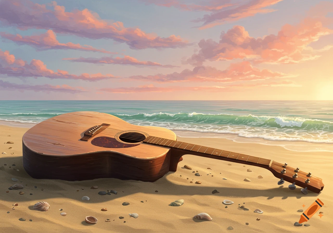 An acoustic guitar rests on a sandy beach with ocean waves and a beautiful sunset sky in a painterly style.