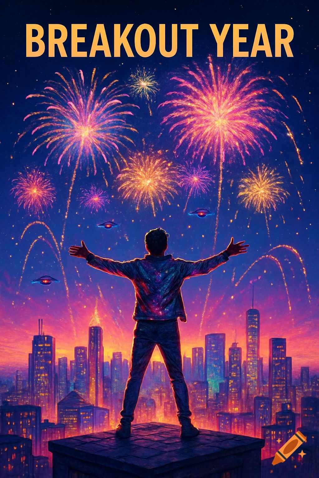 A person with arms outstretched watches colorful fireworks over a futuristic city skyline with "BREAKOUT YEAR" text.