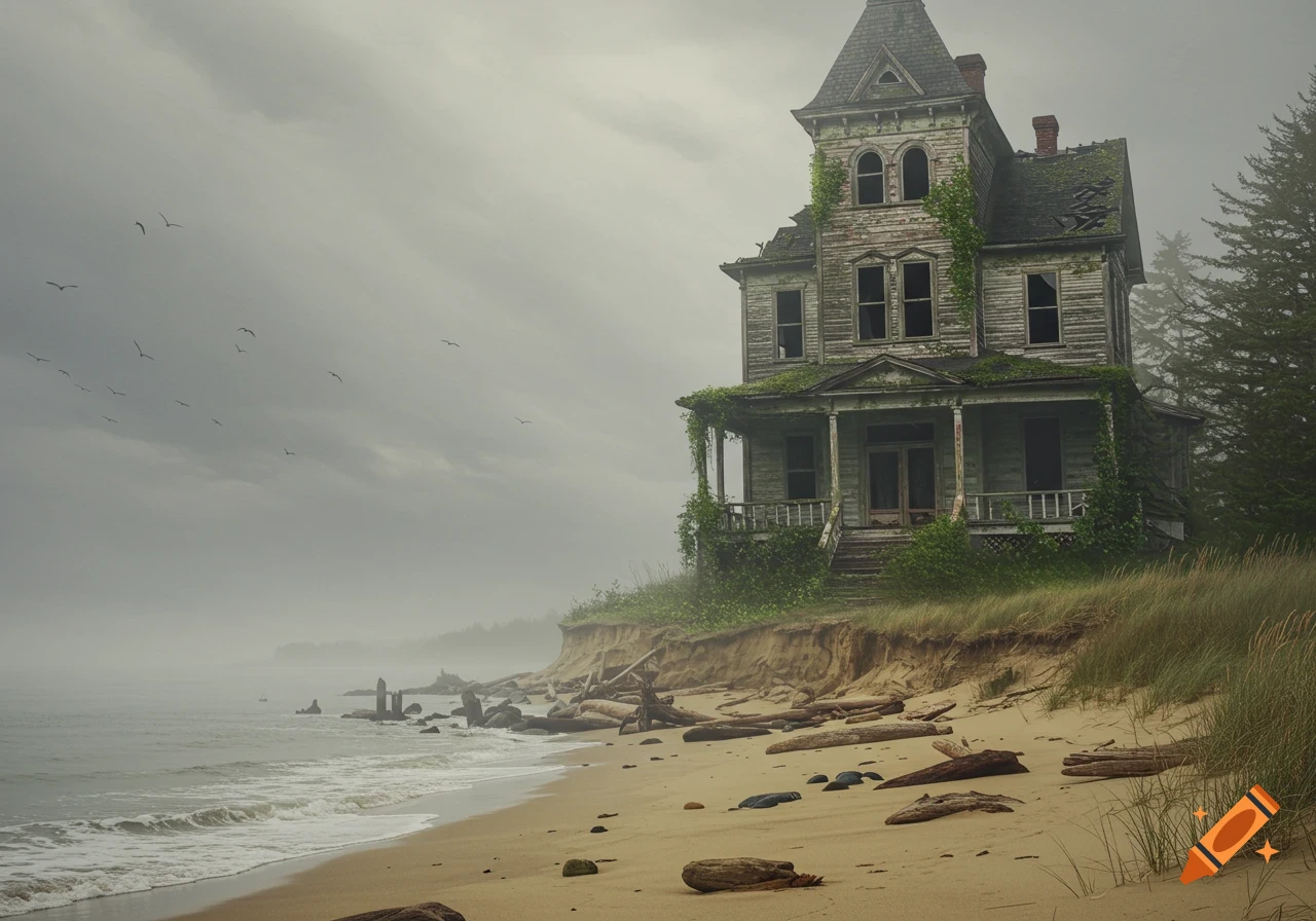 An old, abandoned house overgrown with plants sits on a misty beach under a cloudy sky with birds flying.