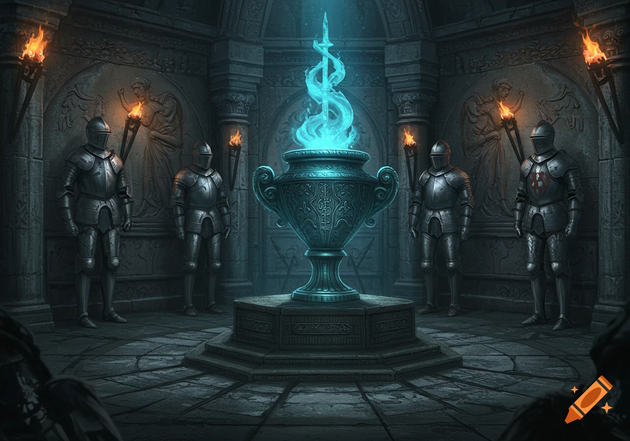 A shadowy ancient crypt with four suits of armor guarding a central pedestal with a glowing blue urn, lit by wall torches.