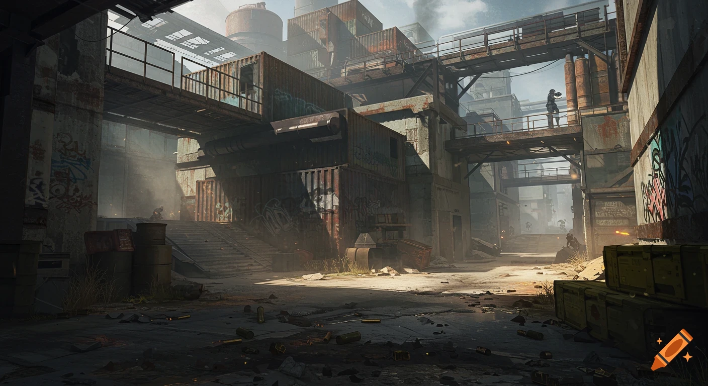 A photorealistic image of a dilapidated industrial zone with metal walkways, shipping containers, and figures engaged in combat.