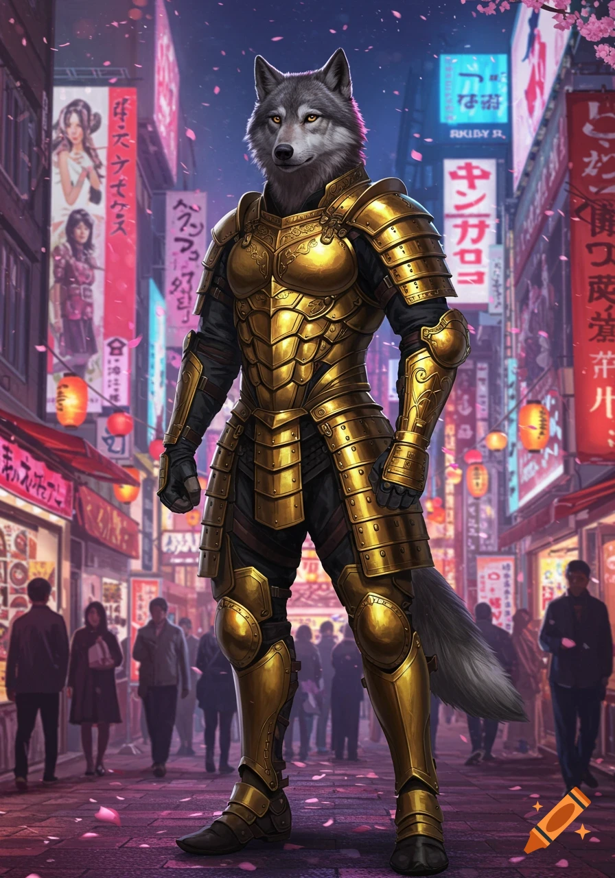 A wolf-headed warrior in shimmering gold armor stands in a vibrant Japanese street at night with neon signs and falling cherry blossoms.