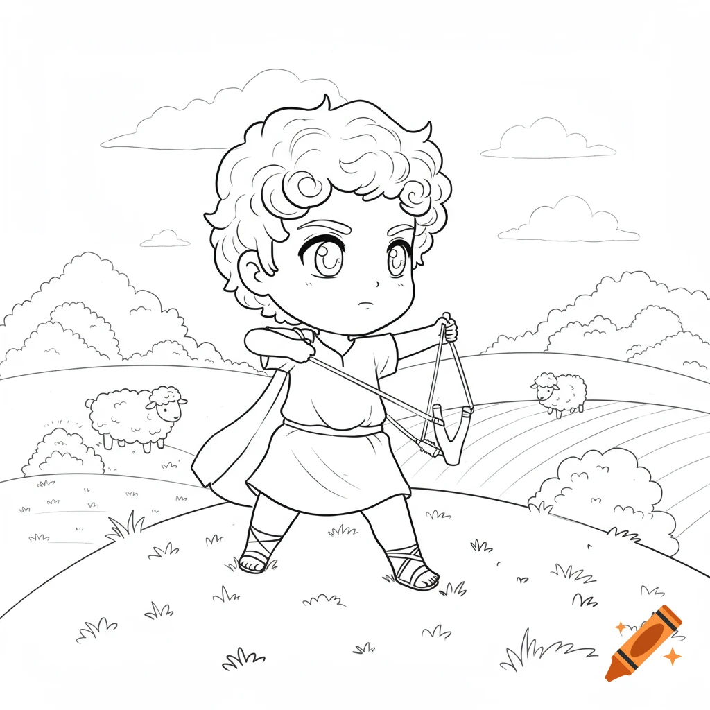 Chibi boy (David) in a coloring book style holding a slingshot on a hill with sheep in a pastoral landscape.