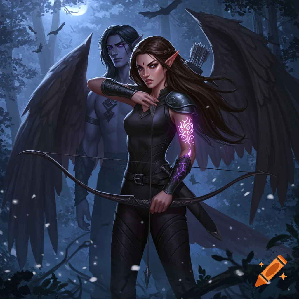 A fierce woman in dark armor aims a bow in a moonlit forest, a glowing tattoo on her arm. A winged man stands behind her. Realistic fantasy painting.