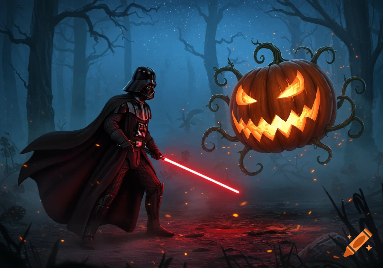 Darth Vader holding a red lightsaber stands in a dark, spooky forest, facing a large, glowing Jack-o'-lantern.